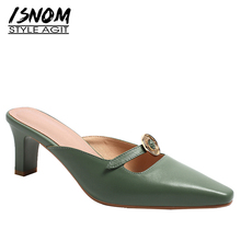 ISNOM High Heels Woman Slippers Button Square Toe Footwear Cow Leather Slides Shoes Female Mules Shoes Women Summer 2019 New 2024 - buy cheap