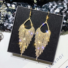 Fyuan 2019 brincos geométricos com borla longa para mulheres, bijuterias brilhantes cristal de strass 2024 - compre barato