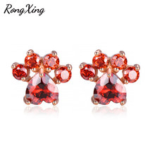 RongXing Cute Red Heart Zircon Animal Footprints Stud Earrings For Women Rose Gold Filled Cat Bear Paw Birthstone Earrings Gifts 2024 - buy cheap