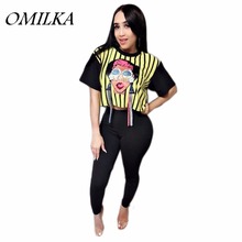 OMILKA 2018 Summer Women Short Sleeve Striped Cartoon Printed Crop Top and Long Pants Set Casual Street 2 Piece Clothing Set 2024 - buy cheap
