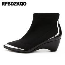 Booties Genuine Leather 2021 High Quality Black Women Ankle Boots Medium Heel Autumn Short Wedge Shoes Pointed Toe Slip On Lycra 2024 - buy cheap