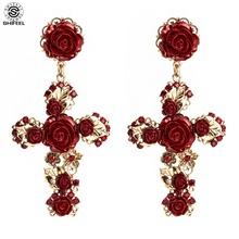 SHIFEEL-Pendientes de estilo barroco para mujer, aretes con Cruz de filigrana y flor Rosa esmaltada en tono dorado, estilo euroamericano, novedad de 2019 2024 - compra barato