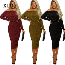 XURU2020-vestido de primavera Seda brillante para mujer, sexy, negro, a la cadera, hombros descubiertos, elegante, para fiesta y club 2024 - compra barato