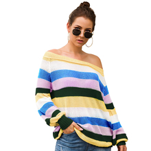 Suéter de arco-íris longo feminino, pulôver solto sexy para outono, inverno 2024 - compre barato