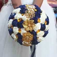 Ramo para novia Vintage azul real oscuro, joyería de oro, broche de cristales de satén marfil, rosas, flores de boda hechas a medida 2024 - compra barato