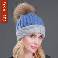 2020 inverno retalhos de pele de coelho beanies feminino quente malha chapéus genuíno natural pele de guaxinim lã chapéu moda feminina pompon bonés 2024 - compre barato