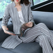 2018 Spring Office Lady Long Trench Coat Striped Coat Jacket and Wide Pants Suit Women's Fashion Two Pieces Set 2024 - buy cheap