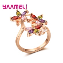 New Arrival 3 Colorful Cubic Zirconia Stone Flowers Finger Rings For Women Ladies Rose   Gold Color Jewelry Crystal Gift 2024 - buy cheap