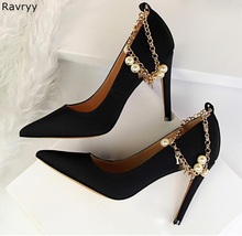 Wedding Shoes woman high heel bling bling metal chains pearl decor string bead sexy pumps pointed toe feamle stiletto heels 2024 - buy cheap