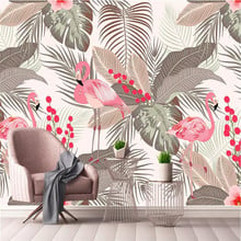 Custom wallpaper Nordic simple small fresh flamingo tropical leaves TV background wall decoration waterproof material 2024 - buy cheap