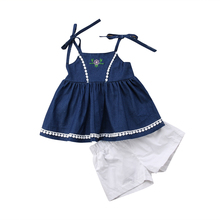 2 uds conjunto de ropa informal para niños y niñas, ropa bordada con tirantes de tela vaquera, pantalones cortos, conjunto de ropa de verano, ropa 2024 - compra barato