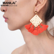 MANILAI Bohemian Square Straw Rattan Knit Tassel Earrings Women 6 Color Fringed Dangle Earrings Statement Jewelry 2024 - buy cheap