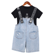 Conjunto de roupas de verão de manga curta, para meninos e meninas, macacão infantil, 2 peças, camiseta + shorts em jeans 2024 - compre barato