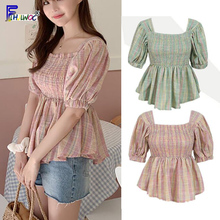 Summer Open Shoulder Tops Women Fashion Japan Korean Style Clothes Design Peplum Top Green Red Plaid Shirt Blouse Vintage 5172 2024 - buy cheap