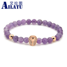 Ailatu New Arrival Womens Jewelry Wholesale 6mm Natural Purple Crystal Stone with Tutankhamun CZ Beads Pharaon Bracelets 2024 - buy cheap