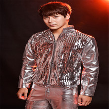 R64 Silver sequined leather suit male stage singer dress Drum ballroom dance costumes party show models wears outfit clothe club 2024 - buy cheap