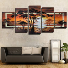 5 Panel Handmade Painting Wall Art Tree oil painting Sunrise African Home Decoration Abstract Landscape Oil Painting On Canvas 2024 - buy cheap