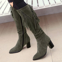 YMECHIC 2018 Winter Green Knee High Fringe Flock Knight Ridding Boots Female Block High Heels Pointed Toe Plus Size Womens Shoes 2024 - buy cheap