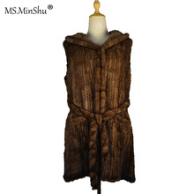 MS.MinShu-Chaleco de piel de visón genuina para mujer, abrigo de piel y de piel auténtica con capucha Cinturón de piel, cálido, personalizado, envío gratis 2024 - compra barato