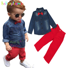 2 pçs/3-8years/2017 primavera outono bebê meninos ternos roupas da criança casual denim camisa + calças vermelhas + gravata crianças conjuntos de roupas bc1398 2024 - compre barato