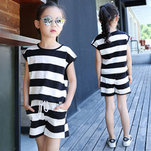 Teens Fashion Children's Clothes Girls  Summer T-shirt Sport Suit Stripe Shorts Kids Wear 4-20 years 2 Piece kids Clothes Sets 2024 - buy cheap