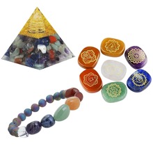 Kit de 7 Cristales curativos para chakras, pulsera de arcoíris, símbolo de Chakra grabado, piedras de equilibrio, pirámide de orgón para meditación, Reiki, CPCA 2024 - compra barato