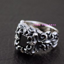 * Importado da tailândia, requintado esculpido 925 prata esterlina e preto, anel de pedra natural, face masculina, anel de prata tailandesa 2024 - compre barato