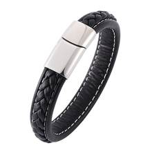 Clássico masculino pulseiras jóias moda pulseira de couro aço inoxidável fecho magnético pulseira de couro charme mão corrente pw728 2024 - compre barato