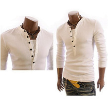 Cotton fashion T Shirt Fake two-button closure men's long-sleeved Men Solid Color tops tees Mandarin Collar drop ship Shirt 2024 - buy cheap