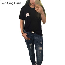 Yan qing huan camiseta com estampa animal verão novo bolso desenho manga curta camiseta harajuku rua maré marca tamanho grande camiseta gato 2024 - compre barato