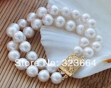 2row 8" 11mm round white freshwater pearl bracelet 2024 - buy cheap