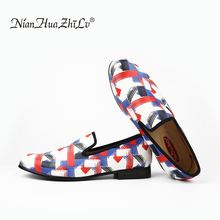 Black and red and blue three color printing men's leather shoes. Handmade luxurious wedding fashion loafers 2022 - buy cheap