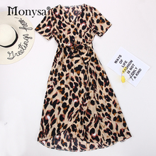 Monysa-Vestidos informales de leopardo para mujer, ropa de moda de manga corta, de urdimbre, con cuello en V y cinturón, novedad de verano de 2019 2024 - compra barato