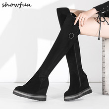 Plus size 34-42 women's genuine suede leather wedge platform winter over the knee boots high heel long boots leisure black shoes 2024 - buy cheap