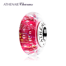 Athenaie genuine contas de vidro murano 925 prata núcleo iridescente e fluorescente rosa vermelho encantos talão ajuste europeu pulseiras feminino 2024 - compre barato