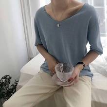 Summer  thin basic oversize T Shirt for Women Top Tees Short Sleeve V-Neck Casual knit T-Shirts Knitwear Basic big T-shirt solid 2024 - buy cheap