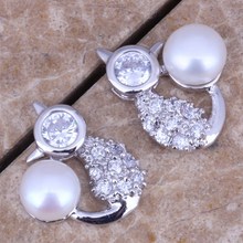 Fashion Imitation Pearl White CZ Silver Plated Stud Earrings N1516 2024 - buy cheap