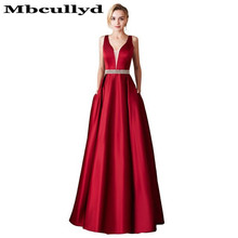 Mbcully a-line sem mangas cetim vestidos de baile com bolsos 2020 vermelho decote em v brilhando cristal concurso vestido de festa vestido de noite longo 2024 - compre barato