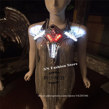 WX55 Borla Gravata prata Diamante para diodo emissor de luz modelo de salão trajes de dança roupas bar festa disco dj stage mostrar vestidos 2024 - compre barato