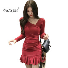 Women Solid Mermaid Dress 2019 Spring Black Burgundy Full Sleeve Asymmetrical Ruffles Casual Mini Dress Sexy Club Short Elbise 2024 - buy cheap