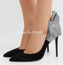 Sapato stiletto bico fino camurça lateral strass, calçado feminino elegante com salto alto slip-on cristais 2024 - compre barato