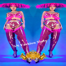 K23 Pink Leopard print bodysuit dj stage wears jumpsuit party outfit performance dress feather hat singer performance wears bra 2024 - buy cheap