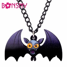 Bonsny акриловое фиолетовое милое подвеска «летучая мышь» на Хеллоуин модное ювелирное ожерелье с животными для женщин подростков подарок для детей сувенир 2024 - купить недорого