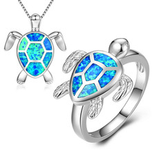 Luxury Female Wedding Ring Necklace Jewelry Set Boho Blue Fire Opal Turtle Ring Pendants Necklaces Jewelry Animal Sets For Women 2024 - buy cheap