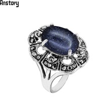 Oval Sequins Blue Stone Rings For Women Vintage Look Antique Silver Plated Rhinestone Plum Flower Fashion Jewelry TR691 2024 - купить недорого