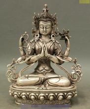S03832   8" Tibet Buddhist Silver 4 Hands Chenrezig Buddha Avalokiteshvara GuanYin Statue 2024 - buy cheap