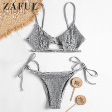 ZAFUL Keyhole Smocked String Bikini Set Bralette Swimwear Spaghetti Straps Low Waisted Swimsuit Solid Sexy Bra Bathing Suit 2024 - buy cheap