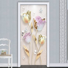 Новые современные рельефные дверные наклейки с цветами тюльпана, настенные ПВХ Самоклеящиеся 3D обои для гостиной, спальни, дверные декоративные наклейки 2024 - купить недорого