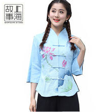 Shanghai story flor chinesa tradicional impressa cheongsam tops pulseira camisa de manga para mulheres 3 cores 2024 - compre barato