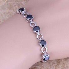 Classy Black Cubic Zirconia Silver Plated Link Chain Bracelet 6.5 - 7.5 inch S0578 2024 - buy cheap